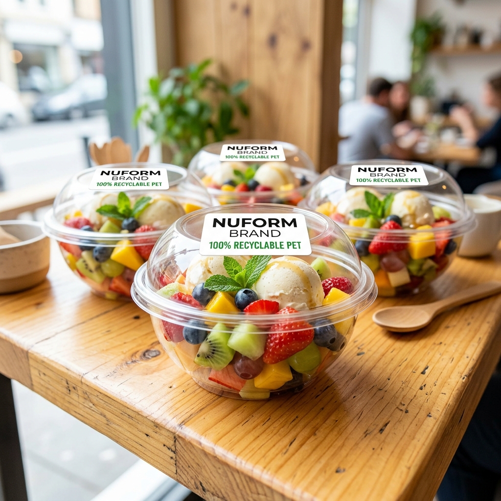 Clear thermoformed PET plastic dessert bowls with fruits and gelato